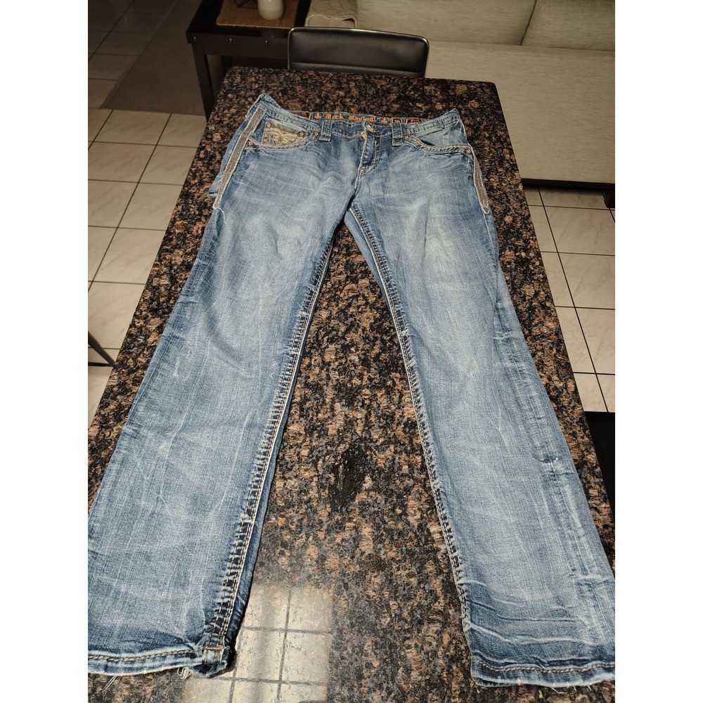 Rock Revival Kort Straight Leg Jeans Mens 36 Medium Wash Distressed Blue Denim